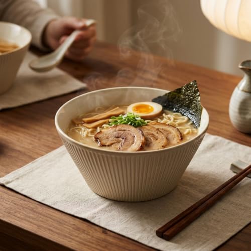 Ceramic Ramen Bowls, 7Inch Soup Bowls, 40OZ, Beige&Grey, Set of 4