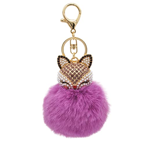 Faux Rabbit Fur Pom Pom Keychain with Fox Head - color: Purple