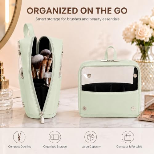 YDR Standing Makeup Brush Bag - Clear Portable Travel Cosmetic Pouch, Large Capacity Foldable Makeup Brush Holder, Water-Resistant Professional Makeup Tool Case for Women & Artists (Light Green) - color: Light Green