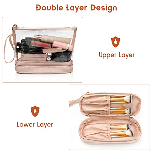 Clear Makeup Bag with Brushes Compartment Travel TSA Approved Toiletry Bag - color: 03-rose gold clear