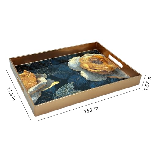 Serving Tray with Handles, 15.7 * 11.8 inches, Plastic Ottoman Tray with Exquisite Paintings, Trays for Coffee Table - color: Golden Rose Night