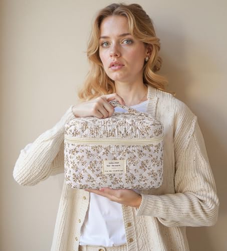 HBselect Quilted Makeup Bag, 3Pcs Cotton Large Travel Makeup Bags Organizer - color: A-3PCS-Floral 23