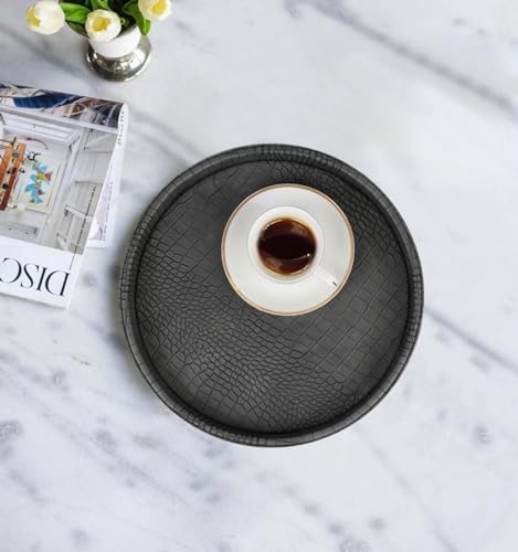 HofferRuffer Faux Leather Round Serving Tray, Vegan Croco Leather Decorative Tray, Food Tray for Storage Drinks, Snack & Cosmetics, Dia.12'' x 1.6'' (Dark Grey) - color: Dark Grey, size: 12"