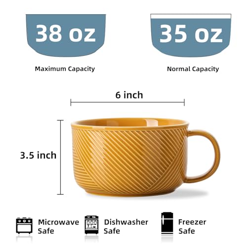 Ceramic Soup Bowl with Handle, 38 oz Microwave Safe, Yellow - color: Mustard Yellow