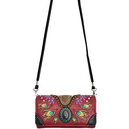 Zelris Turquoise Concho Peacock Feather Women Crossbody Wrist Trifold Wallet - color: Red