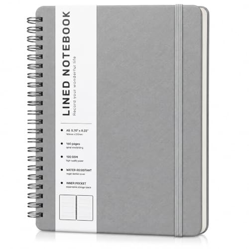 Lined Spiral Notebook for Women, A5 College Ruled Leather Spiral Journals - color: Light Gray, size: A5