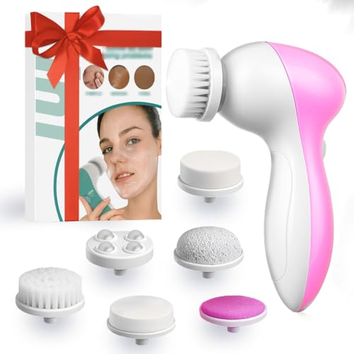 Facial Cleansing Brush Face Scrubber, 7-in-1 Electric Spin Cleanser Brushes with 6 Brush Heads for Deep Cleansing, Gentle Exfoliating, Removing Blackheads, Massaging (White & Pink) - color: White & Pink