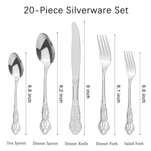 Retro Royal Silverware Set With Gift Box, 20-Pieces Cutlery Set Utensils Stainless Steel Flatware For 4 MIKIWAY Kitchen Tableware Set For Gifts Festive, Dishwasher Safe, Mirror Polishing - color: A-Mirror Silver (Gift Box)