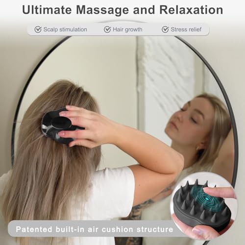 FREATECH Scalp Scrubber Scalp Massager Hair Growth, Shower Shampoo Brush with Silicone Bristles for Dandruff Removal and Hair Care, Wet & Dry Hair Massager Scalp Exfoliator for Men Women Kids，Black - color: Black