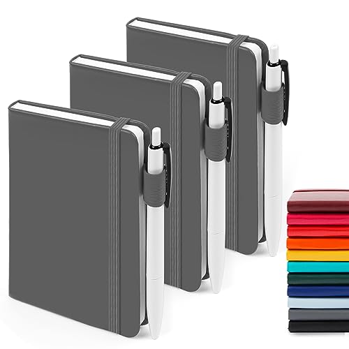 feela 3 Pack Pocket Notebook Journals with 3 Black Pens, A6 Mini Cute Small Journal Notebook Bulk Hardcover College Ruled Notepad with Pen Holder for Office School Supplies, 3.5”x 5.5”, Gray - color: A6 3 Gray