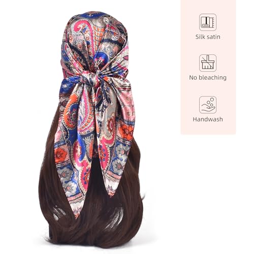 35 Inches Silk Head Scarf-Satin Hair Scarves Silk Bandana Scarf Headscarf for Women's Fashion Scarves - color: Cashews With Buddha-pink