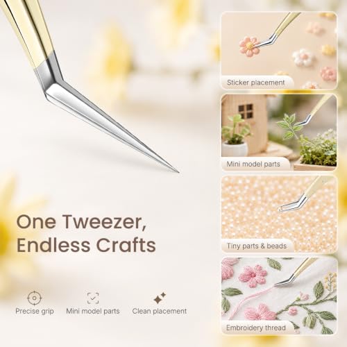 Precision Craft Tweezers, Curved Extended Fine Tip Sticker Tweezers for 3D Scene Stickers (Yellow) - color: Yellow