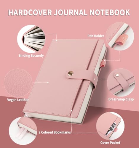 A5 Lined Leather Journal Notebook, Hardcover Journal Set with Pen, Monthly Index Tabs and Gift Box, 320 Pages 100GSM Thick Paper, Thick Daily Diary, Journal for Women, Men, School, Travel, Work(Pink) - color: Pink