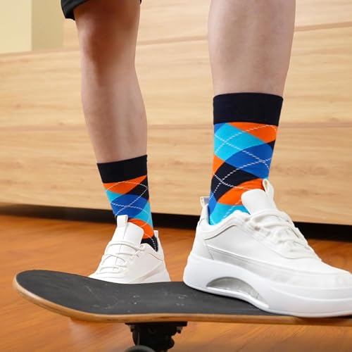 WeciBor Men's Combed Cotton Novelty Crew Socks Size 7-15 - color: Blue/Black/Orange/Green/Multicolor Geometric-12m, size: 7-12