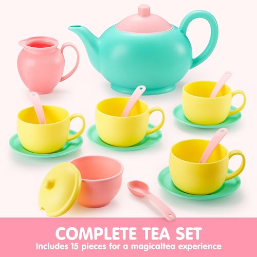 JOYIN 18PCS Pretend Tea Party Set Play Food Accessories BPA Free, Phthalates Free, Plastic Tea Set, Mini Kitchen for Kids, Gifts for Kid Boys Girls, Easter Birthday Gifts - style: Green Teapot