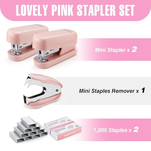 WORKPRO Mini Stapler with Staples, Two Pink Staplers, One Staple Remover - color: Pink