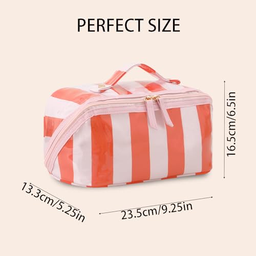 DYSHAYEN Travel Makeup Bag, Pink and Orange Striped - color: Pink-Orange