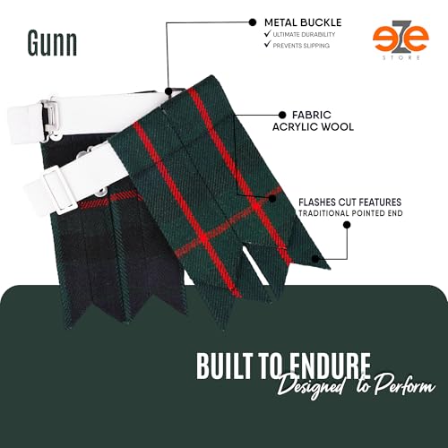 EZE Kilt Flashes for Men with Heavy Buckle Adjusters, Plain & Tartan Kilt Sock Flashes Acrylic Wool - color: Gunn