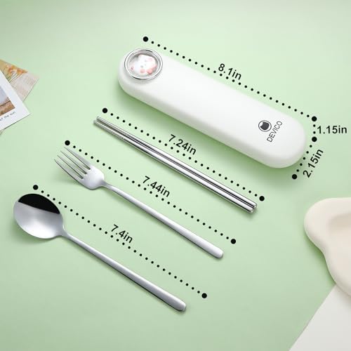 DEVICO Travel Utensils with Case Cute, Reusable Silverware for Lunch, 4Pcs Portable Cutlery Set, 18/8 Stainless Steel Fork Spoon Chopsticks in Cartoon Case, Dishwasher Safe (White) - color: White