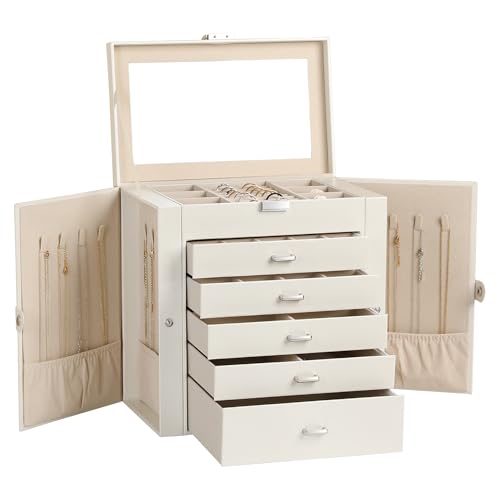 Frebeauty 6-Layer Jewelry Box for Women,Large Jewelry Organizer with Drawer - color: Pearl White, size: Large
