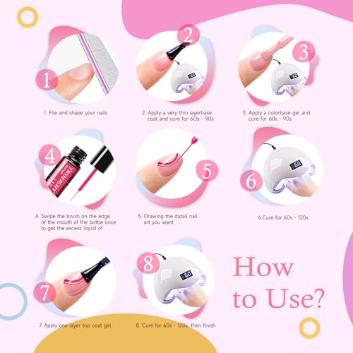 TWOEIGHT Gel Nail Polish Liner Nail Art 12 Colors 8ml UV Lamp Soak-off Polishes Pigmented White Red Pink Green Gold Glitter Built Thin Brush in Bottle Manicure DIY at Home Salon Quality Gift for Women - color: Multicolor