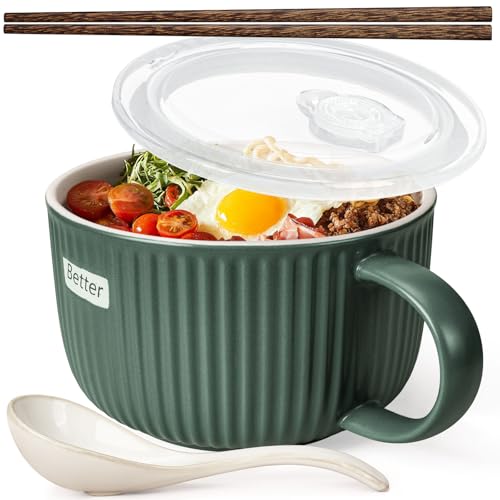 Artena 38 oz Soup Bowls with Handles, Lids, Spoons & Chopsticks – 6 Inch Large Microwave Safe Ceramic Ramen Bowls, Soup Mugs & Cereal Bowls for Instant Noodles, Oatmeal, Meal Prep (Green-Set of 1) - color: Green-Set of 1