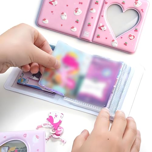 3 Inch Mini Photocard Binder, Heart Hollow Portable Photos Card Book with Lovely Pendant, Cute Style Kpop Card Holder Collectible Album for Fans (Pink 1 Pcs) - color: Pink 1 Pcs