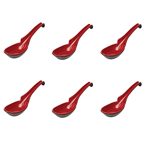 JapanBargain 2397x6, Set of 6 Asian Soup Spoons with Hook Japanese Chinese Spoons Rice Pho Noodle Soup Spoons Wonton Spoons, Red/Black - color: Red/Black