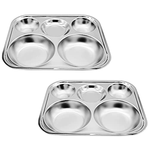 Korean Stainless Steel Divided Plates for Adults & Teens, L Size, 2-Pack - size: 5 Compartments (13x11Inch)