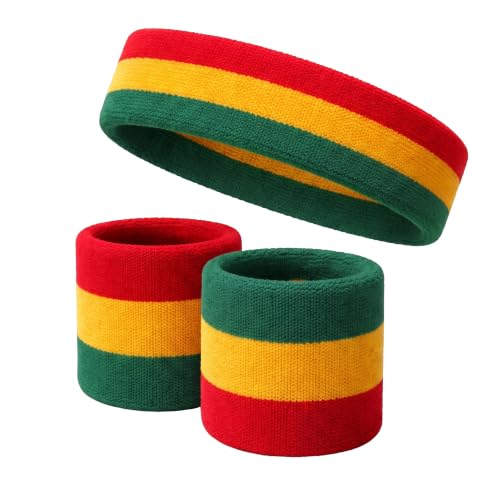 COUVER 3 Color Striped Sports Sweatband Set - color: Green/Yellow/Red