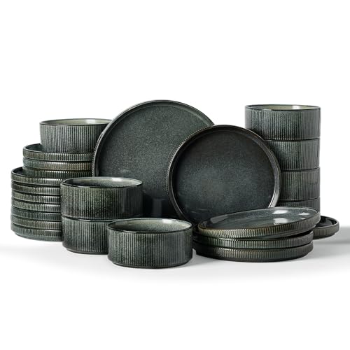 Famiware Star Stoneware Dinnerware Sets for 8, Reactive Glaze Plates, Bowls - color: Deep Forest
