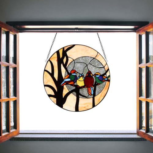 Bieye W10045 Birds & Full Moon Tiffany Style Stained Glass Panel, 16-Inch