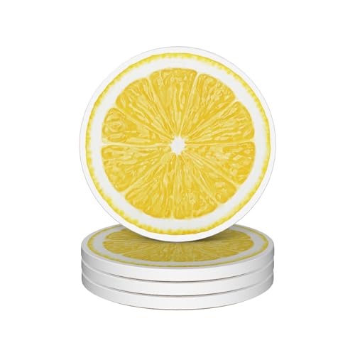 Drinks Coasters Set of 4, Lemonade Round 4" Cup Coasters, Absorbent Ceramic Stone Coasters with Cork Base, Cute Coasters for Table Home Décor, Ideal Gifts for Women Men - color: Lemonade