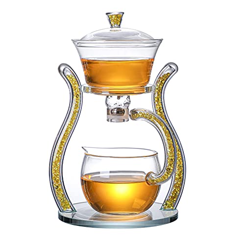 RORA Glass Teapot Set Semi Automatic Drip Rotating with Infuser Lazy Kungfu Tea pot Set (Yellow) - color: Gold, size: teapot