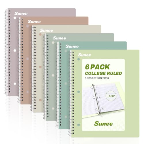 SUNEE Spiral Notebooks, 6 Pack, 1-Subject, College Ruled Paper, 8" x 10-1/2", 70 Sheets per Notebook, Assorted Aesthetic Colors Spiral Notebooks for School - style: Aesthetic | 6 Pack