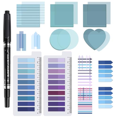 1450 Sheets Transparent Sticky Notes, 3 x 3 inch Aesthetic Clear Lined Sticky Notes with Pen, Gradient Color Waterproof Self-Adhesive Annotation Tabs for Bible Journaling (Blue & Purple) - color: Blue & Purple
