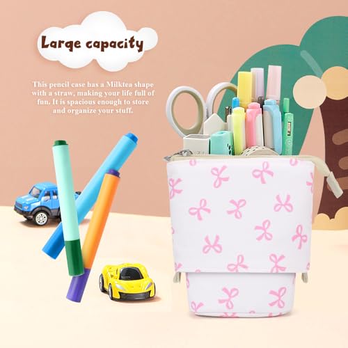 KPX Cute Standing Pencil Case Pen Holder for Kids, Pop Up Stand UP Bubble Tea Pen Organizer Kawaii Stationary for Christmas Holiday New Year Office (Bow) - color: Bow