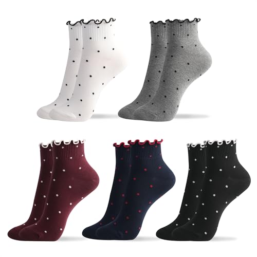 Womens Cotton Crew & Ankle Socks, Cute Floral Ruffle Colorful Tube Size 6-9 - color: Ruffle Dot