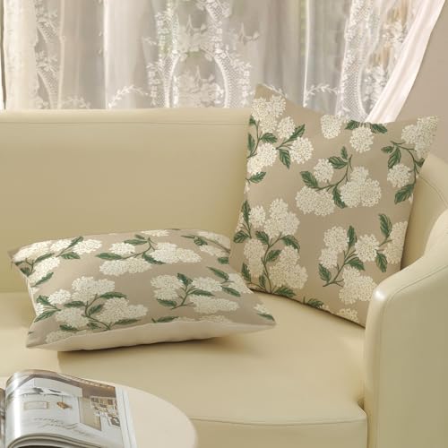 Spring Pillow Covers 18x18 Pack of 2 Green Beige Hydrangea Floral Decorative Throw Pillow Covers Outdoor Decoration Summer Seasonal Flower Pillowcase Farmhouse Linen Cushion Case for Home Sofa - color: Beige Hydrangea Floral-a, size: 18" x 18" (Pack of 2)