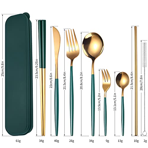 AARAINBOW 8 Pieces Stainless Steel Flatware Set Portable Reusable Cutlery Set Travel Utensils Set Including Chopsticks Knife Fork Spoon Straws Cleaning Brush Dishwasher Safe (Green Golden) - color: Green Golden