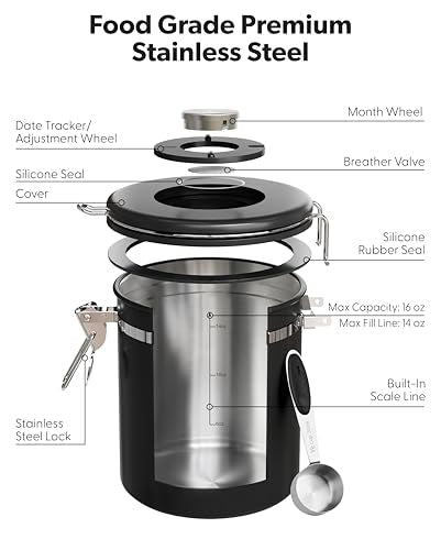 Veken Coffee Canister with Window,Airtight Stainless Steel Container,16OZ - color: Black, size: 16 oz