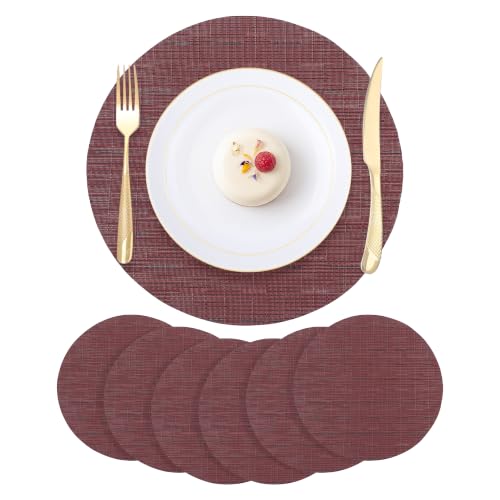 Round Imitation Bamboo PVC Placemats Set of 6,Countertop Protector - color: Burgundy