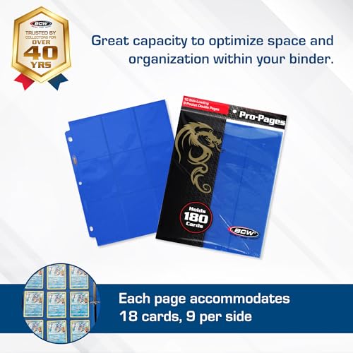 BCW Double-Sided 9-Pocket Pages (50 Blue) | Side-Loading Trading Card Binder Sheets | Card Storage & Display Solution - color: Blue