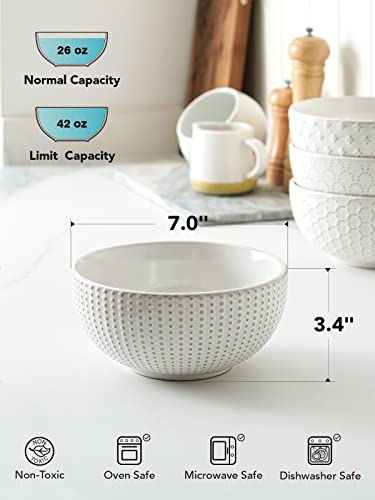 LE TAUCI Large Soup Bowl 42 OZ, Ceramic Kitchen Bowl Set for Soup, Pho, Chip, Pasta, Fruits, Salad, Noodle and Ramen- 7 Inch, Set of 4, Arctic white - size: 7 INCH