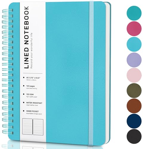 Lined Spiral Notebook for Women, A5 College Ruled Leather Spiral Journals - color: Light Blue, size: A5