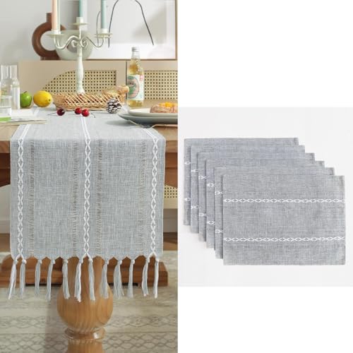 Wracra Cotton Linen Place Mats, Grey Embroidered Placemats Set of 8 - color: Hemstitched Grey, size: Placemats(Set of 8)