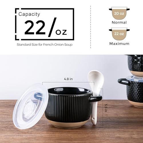 GBhome 22 Ounces Soup Bowls with Large Handles and Lids, Stoneware Bowls Set of 4 with Spoon for Soup, Cereal, Stew, Colourful Ceramic Kitchen Bowls, Microwave&Dishwasher Safe, Black - color: Black