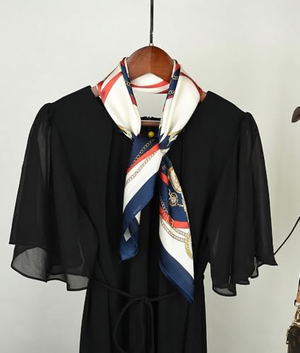 corciova Women’s Square Scarf 27.5 in (70 x 70 cm), Satin-Feel Polyester, Lightweight Fashion Scarf for Hair, Neck and Bag - color: Equestrian Chain Belt (Navy Blue / Red / Cream / Gold)