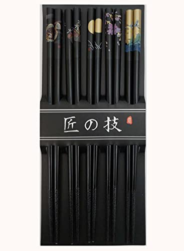 Bamboo Chopsticks Set, Japanese Reusable Wooden Chopsticks with Traditional Pattern Designs, Non Slip Tips Dishwasher Safe Asian Chopsticks for Sushi Ramen Noodles Rice Dining (2, Black) - color: Black