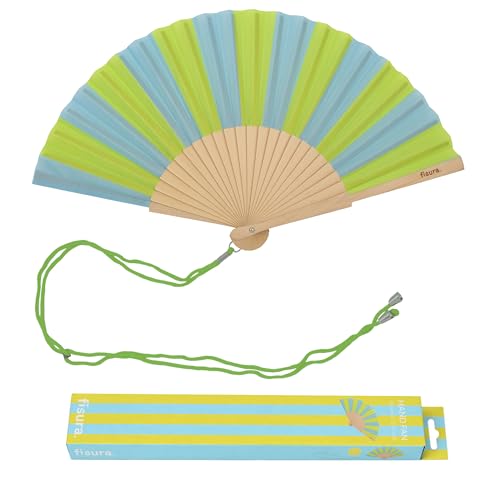 Fisura – Original Folding Fan with Stripe Print. Colorful Wooden Folding Fan in Green and Blue with Strap Included. Fun Gift idea for Travel Beach Days or Summer Events. 16.7 x 9 in. - color: Stripes, Blue and Green